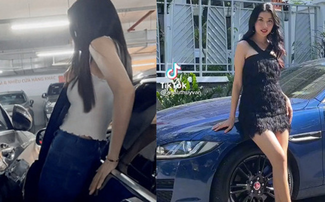 Bị xe bên cạnh ‘kèm chặt’, Á hậu Thúy Vân tiện ‘khoe’ thân hình mảnh mai khi cố bước vào trong chiếc Jaguar tiền tỷ